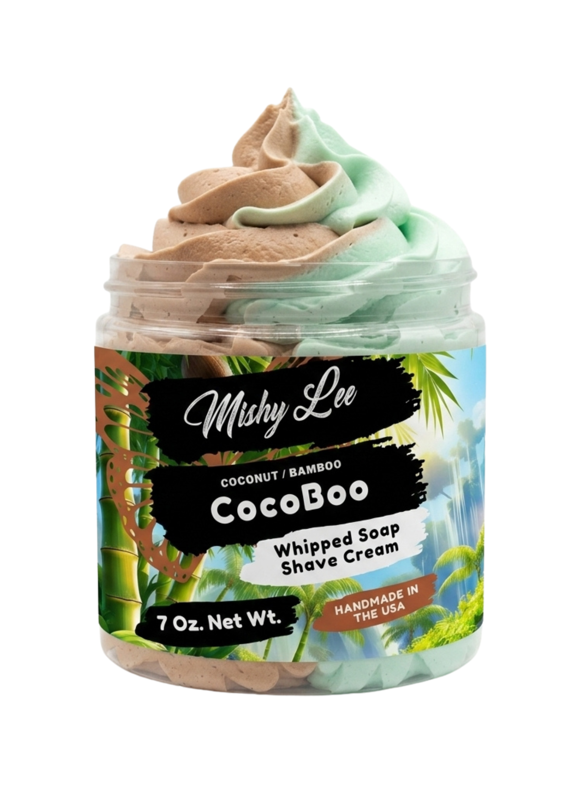 CocoBoo whipped soap and shave cream jar with mint and tan swirls in clear container