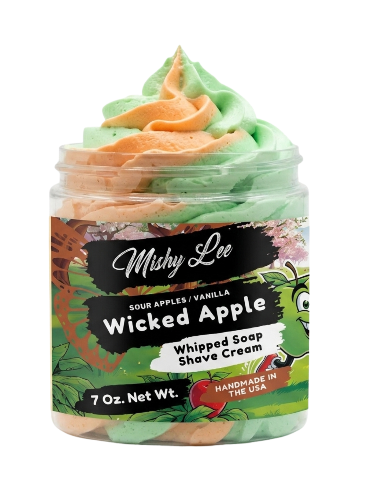 Whipped soap and shave cream tub with pastel green, orange, and peach swirl topping.