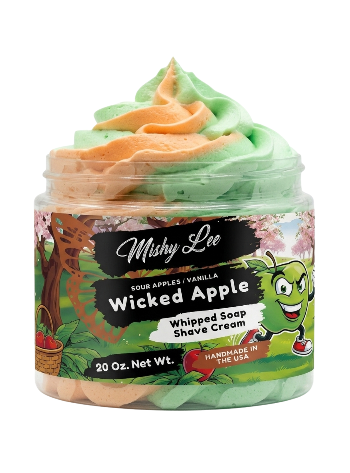 Whipped soap and shave cream tub with pastel green and orange whipped swirl; green label.
