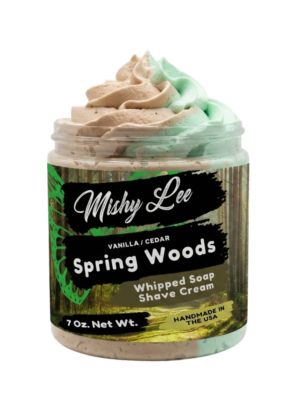 Mishy Lee Spring Woods whipped soap and shave cream tub with mint and beige swirls