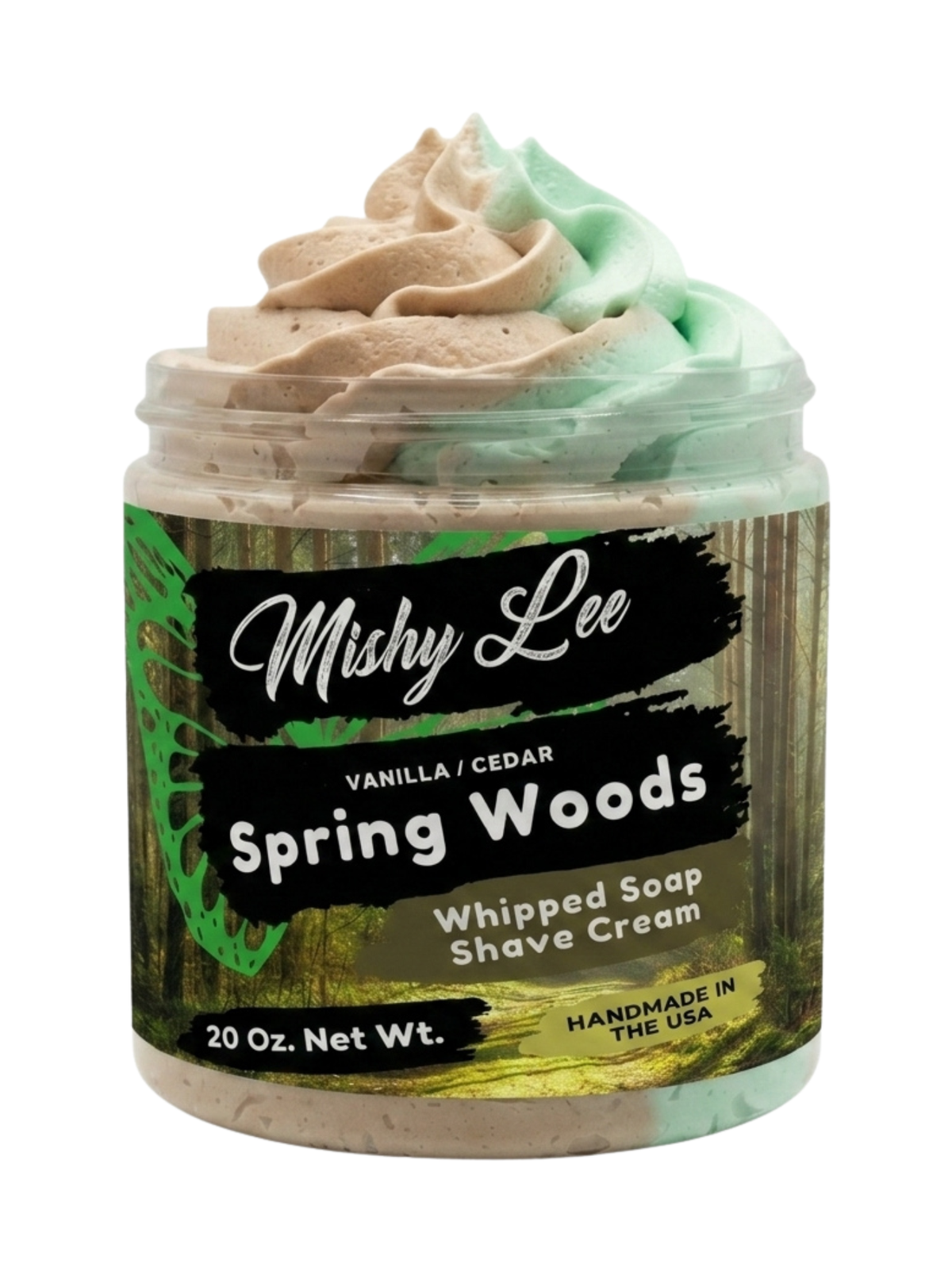 Mishy Lee Spring Woods whipped soap and shave cream jar with mint and beige swirl top