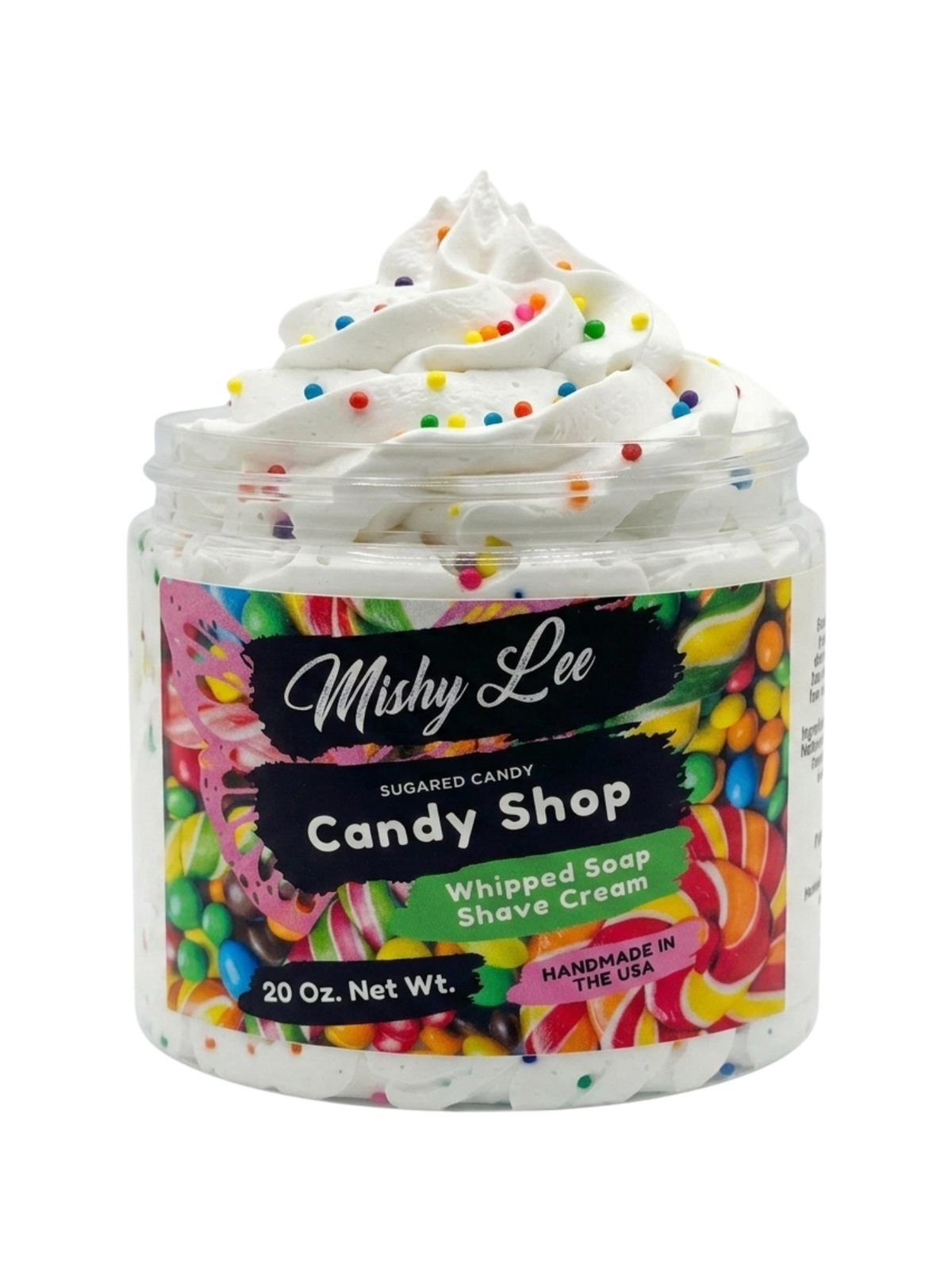 Mishy Lee Candy Shop whipped soap shave cream in clear jar with colorful sprinkles