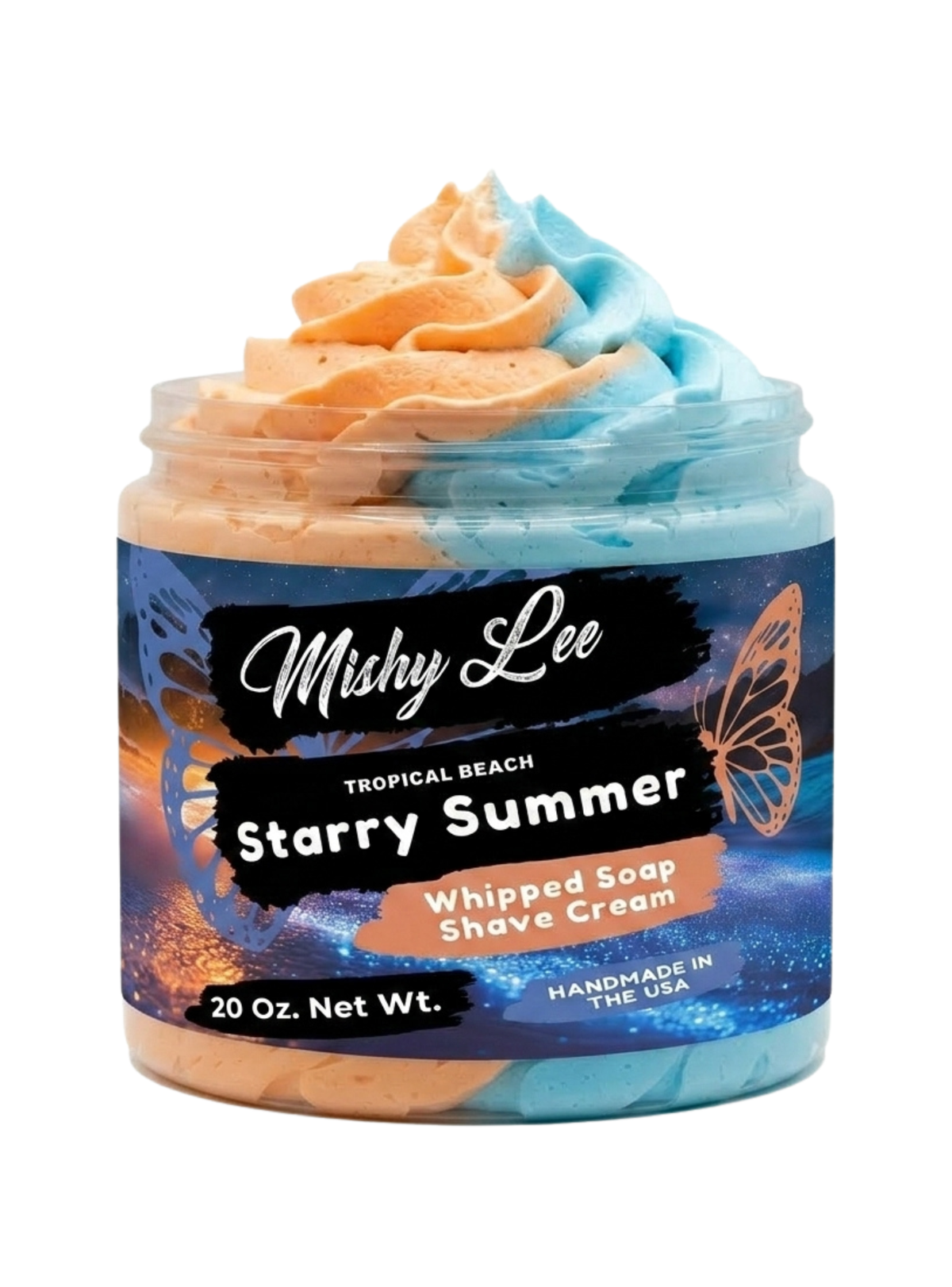 Whipped soap and shave cream jar with peach-and-blue swirl topping, Starry Summer label, 20 oz