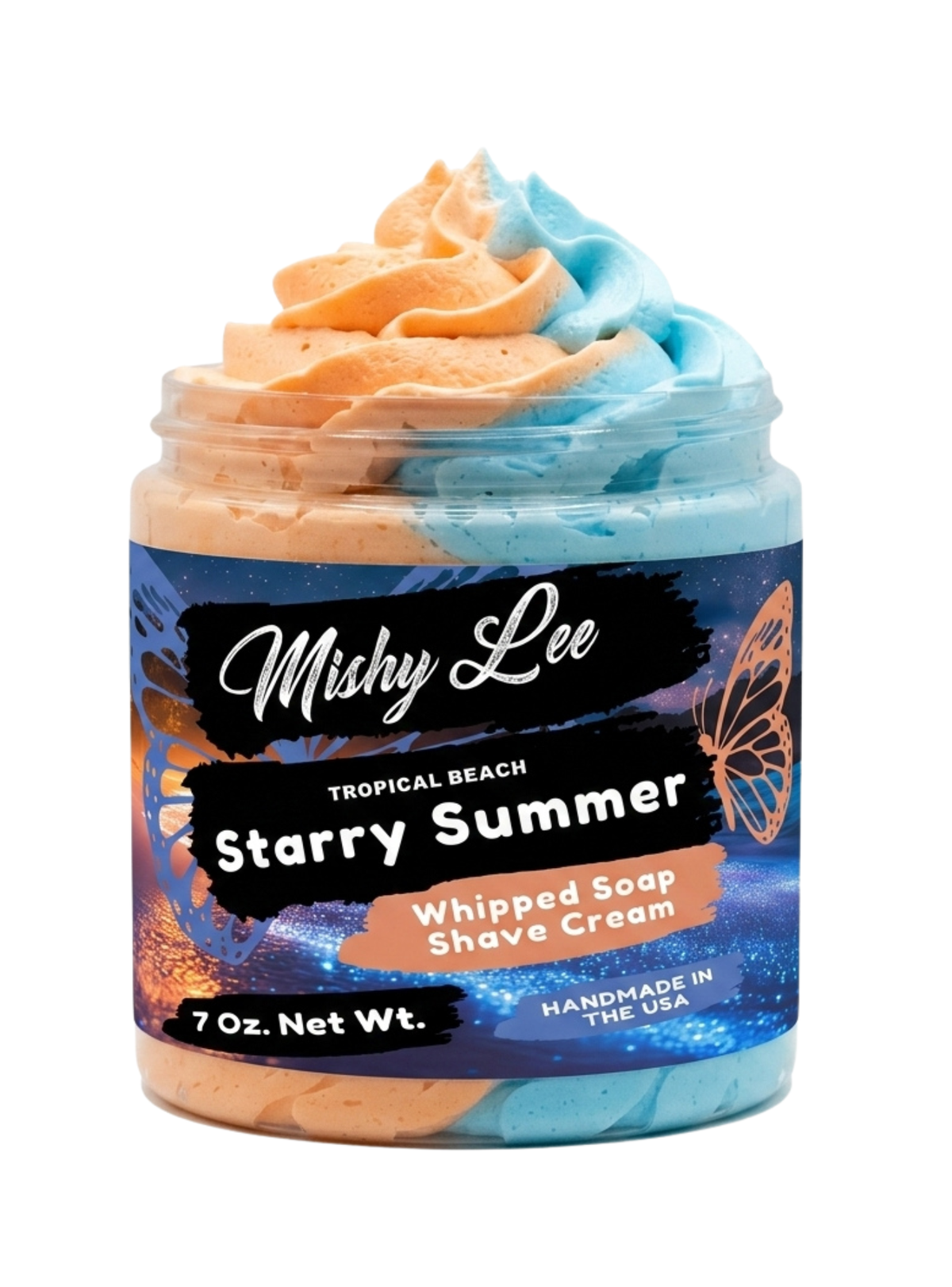 Whipped soap and shave cream jar with peach-and-blue swirl top, Starry Summer label