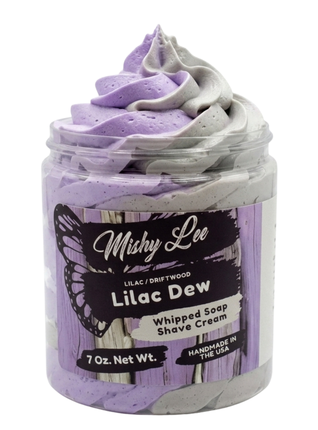 Whipped soap and shave cream jar with lilac and gray swirled soap scoops
