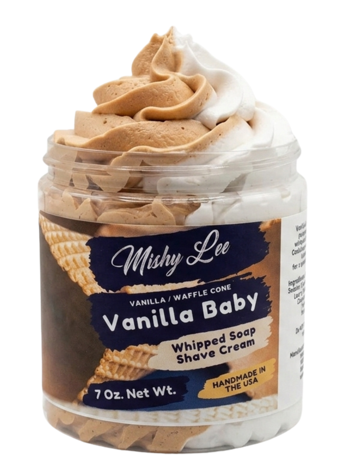 Vanilla baby whipped soap and shave cream jar with beige and white swirls