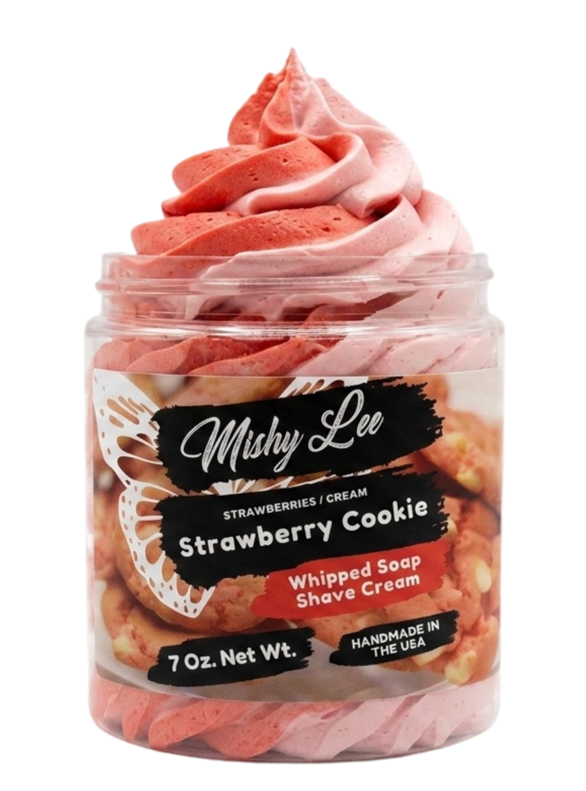 Whipped soap and shave cream jar with pink and white strawberry swirl, clear lid