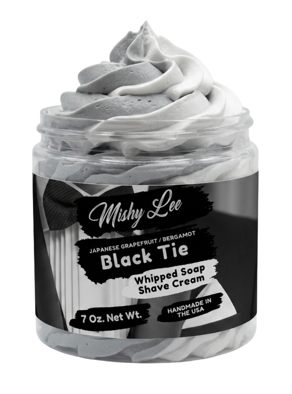 Whipped soap and shave cream jar with gray whipped foam swirls, Black Tie label