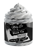 Whipped soap and shave cream jar with gray whipped foam swirls, Black Tie label
