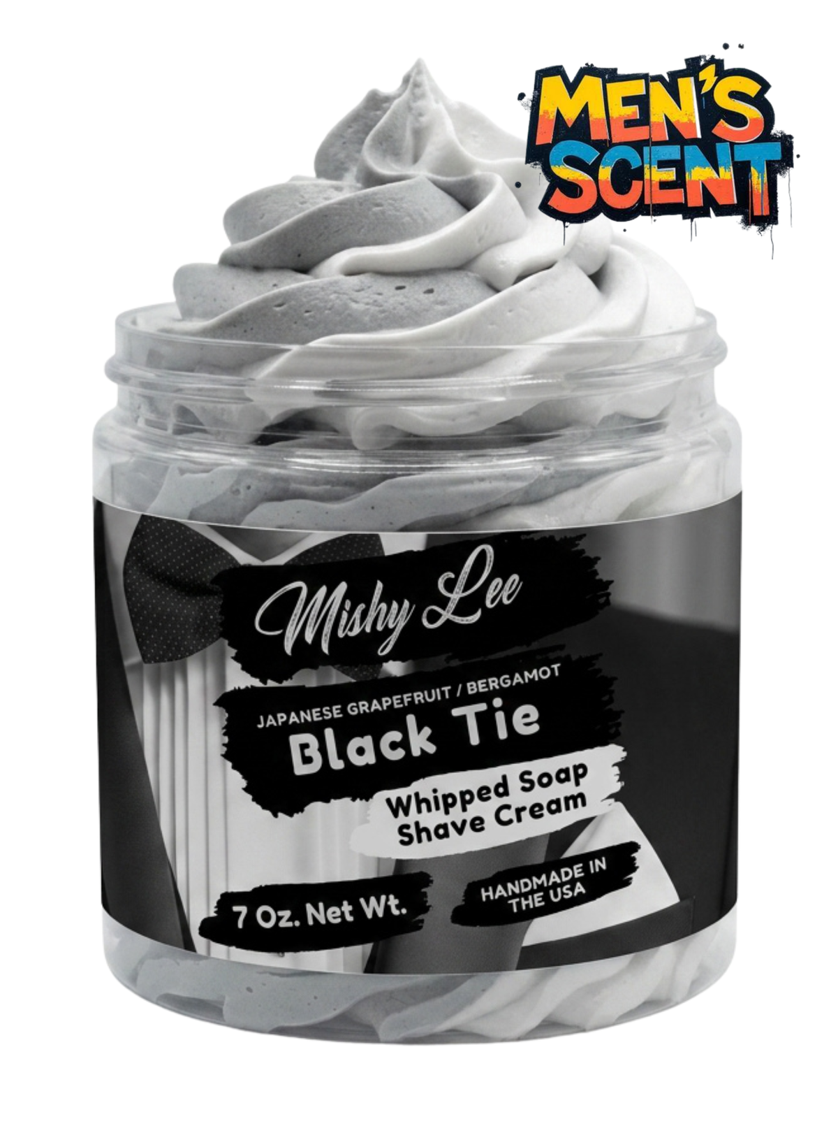Whipped soap and shave cream jar with gray whipped foam swirls, Black Tie label