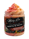 Whipped soap and shave cream jar, orange-pink whipped swirl top and Hearts & Havoc branding