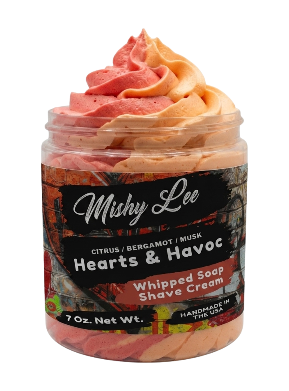 Whipped soap and shave cream jar, orange-pink whipped swirl top and Hearts & Havoc branding