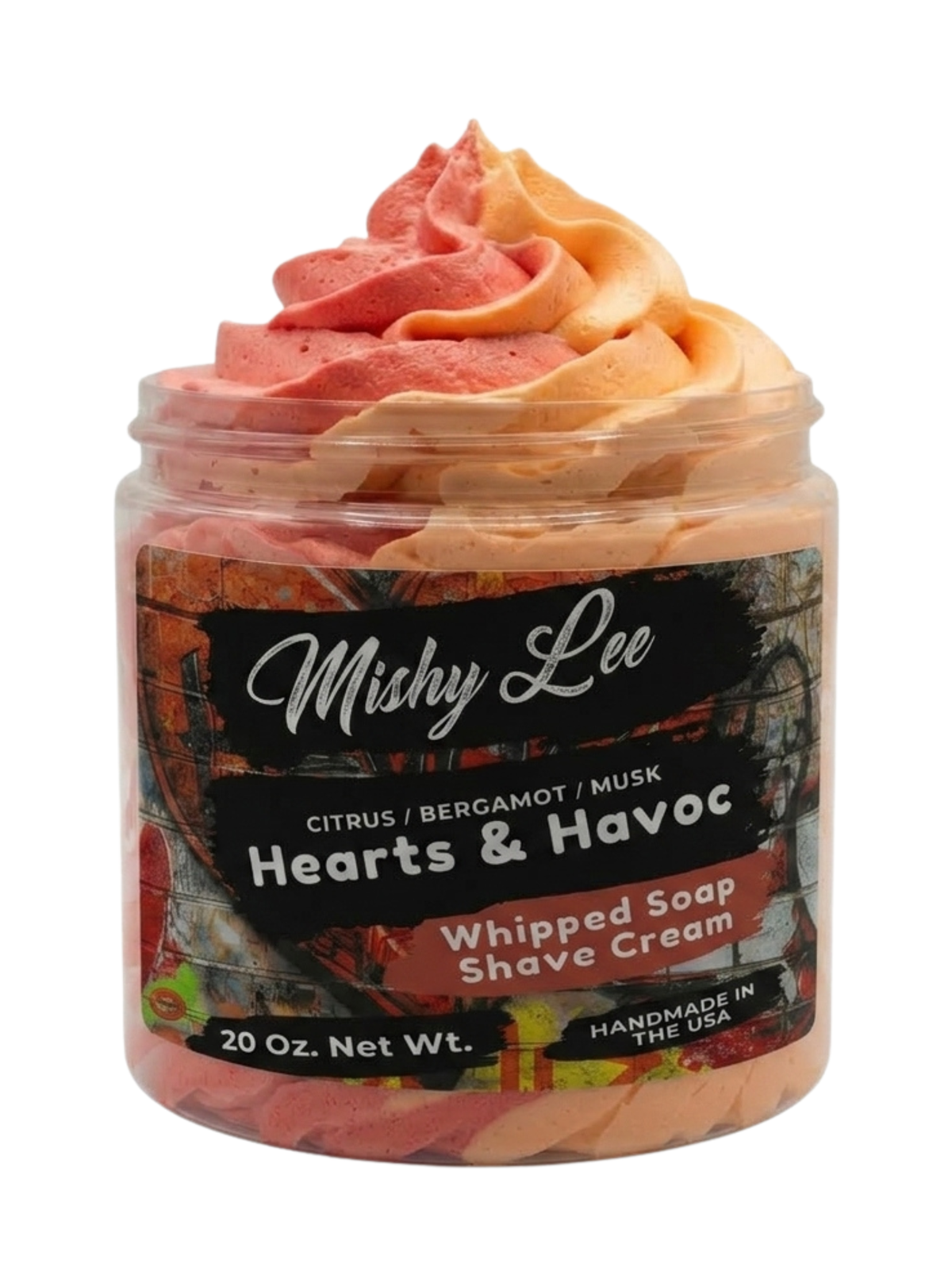 Whipped soap and shave cream jar with orange and pink swirl top and Hearts & Havoc label