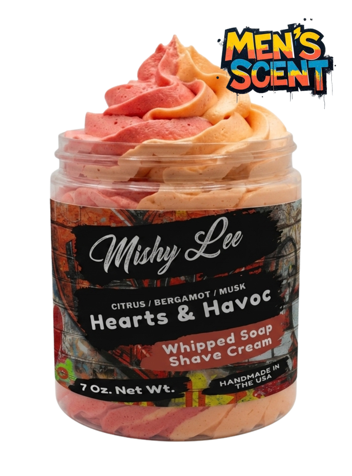 Whipped soap and shave cream jar with orange and pink swirl top and Hearts & Havoc label