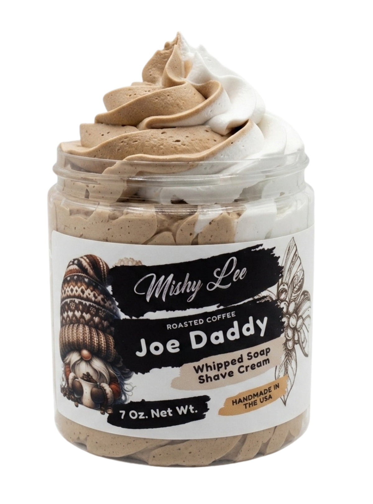 Whipped soap and shave cream jar with beige and white whipped swirls inside clear lid