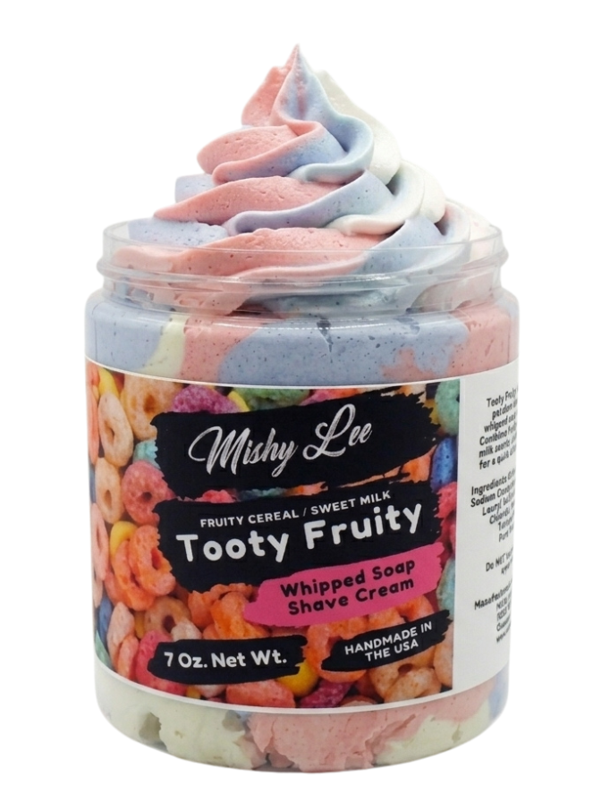 Whipped soap and shave cream jar with pastel swirl top and cereal-themed label