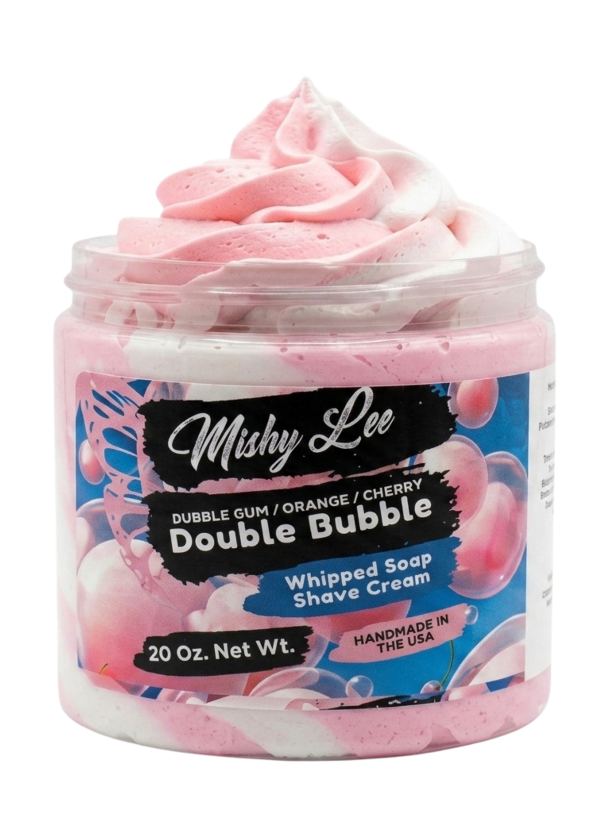 Whipped soap and shave cream tub with pink and white swirl and label