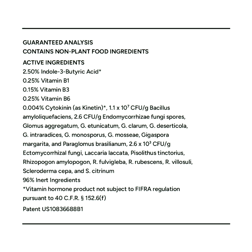 Fertilizer guaranteed analysis ingredient list panel with vitamins and microbes.