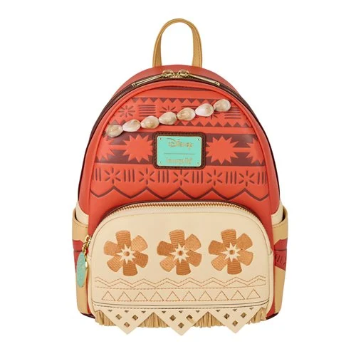 Red and beige mini cosplay backpack with patterned face, shell-stud trim, top handle