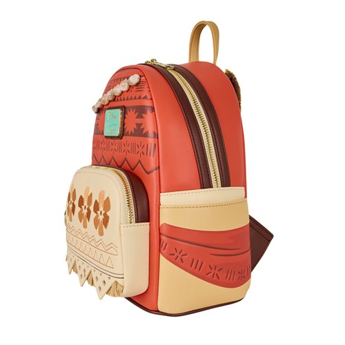 Red mini cosplay backpack side view with gold zipper, beige front pocket, dangling charm
