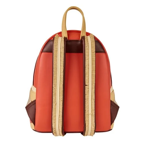 Red mini cosplay backpack with tall beige back straps and side pockets, top handle
