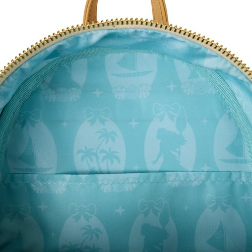 Mini backpack interior with light blue lining and printed nautical silhouettes