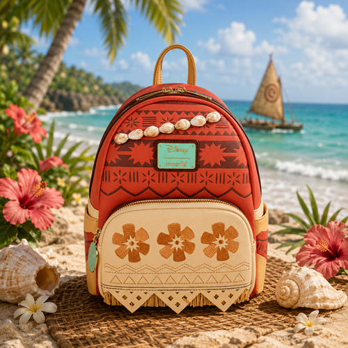 Cosplay mini backpack with red patterned front, beige panel, shell-stud details, top handle