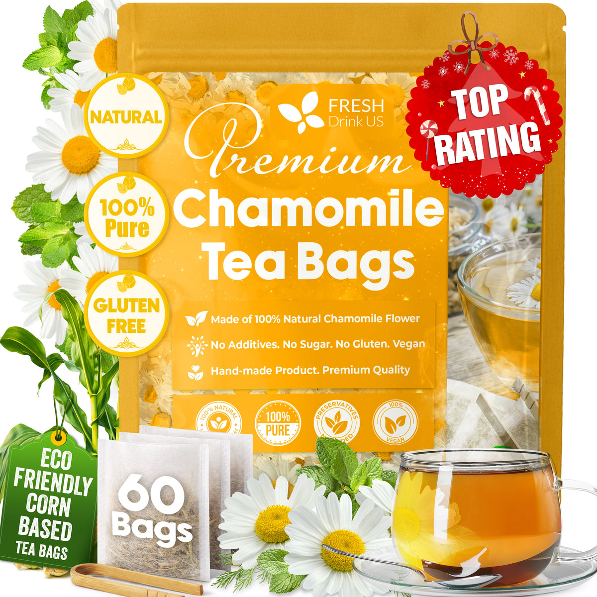 Chamomile tea bag package, 60-count pack, natural chamomile flower tea bags