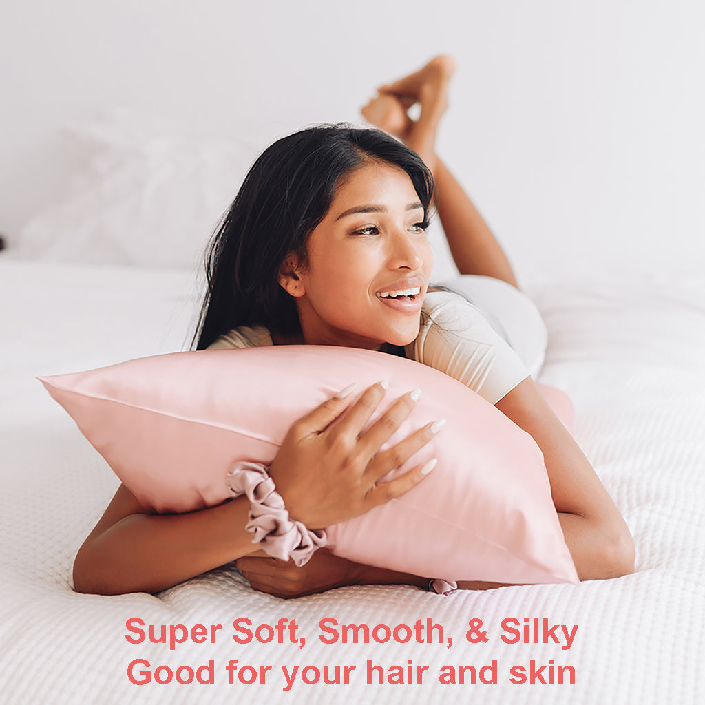 White mulberry silk pillowcases on bed with woman resting on pillows