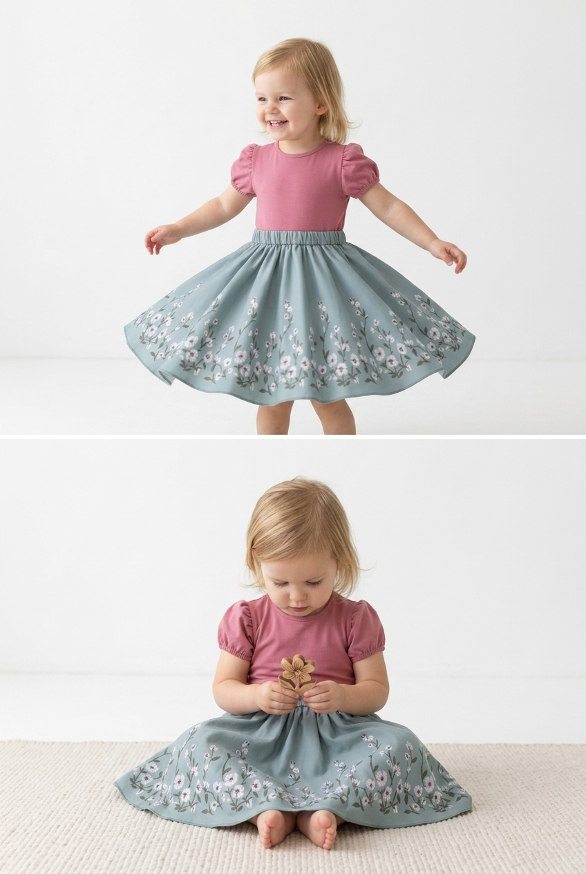 Girls pink top and blue floral skirt dress, full twirl and seated view