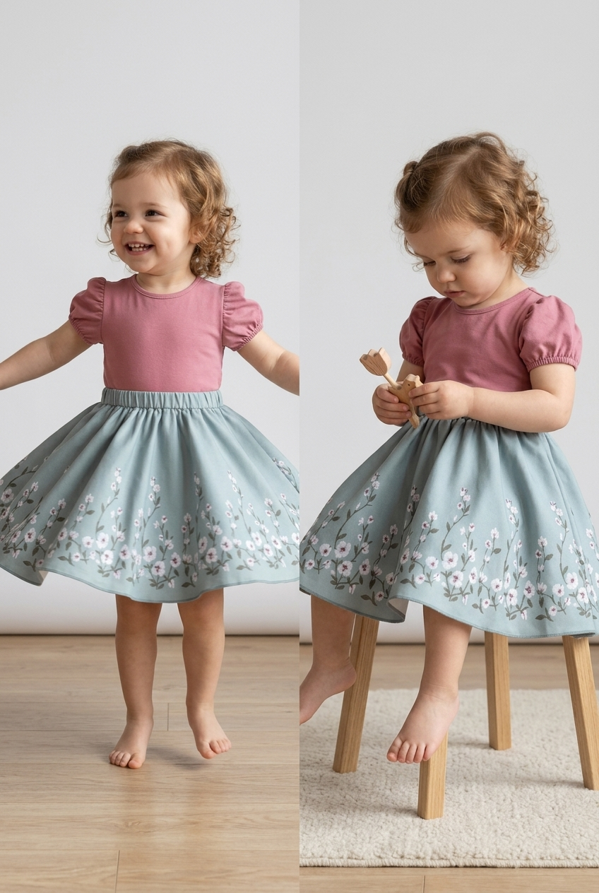 Girls pink and blue floral cotton dress with puff sleeves and gathered skirt