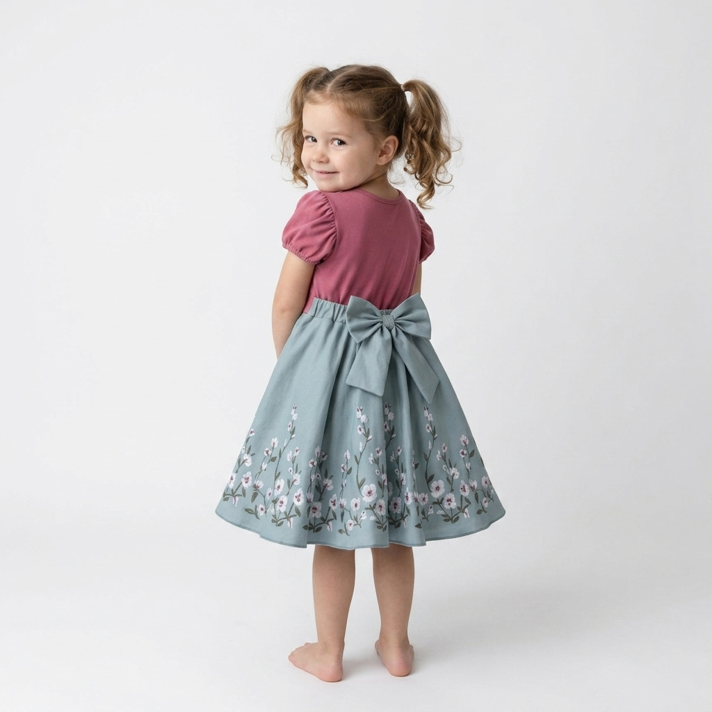 Girls mauve top and blue floral skirt dress with bow at the waist