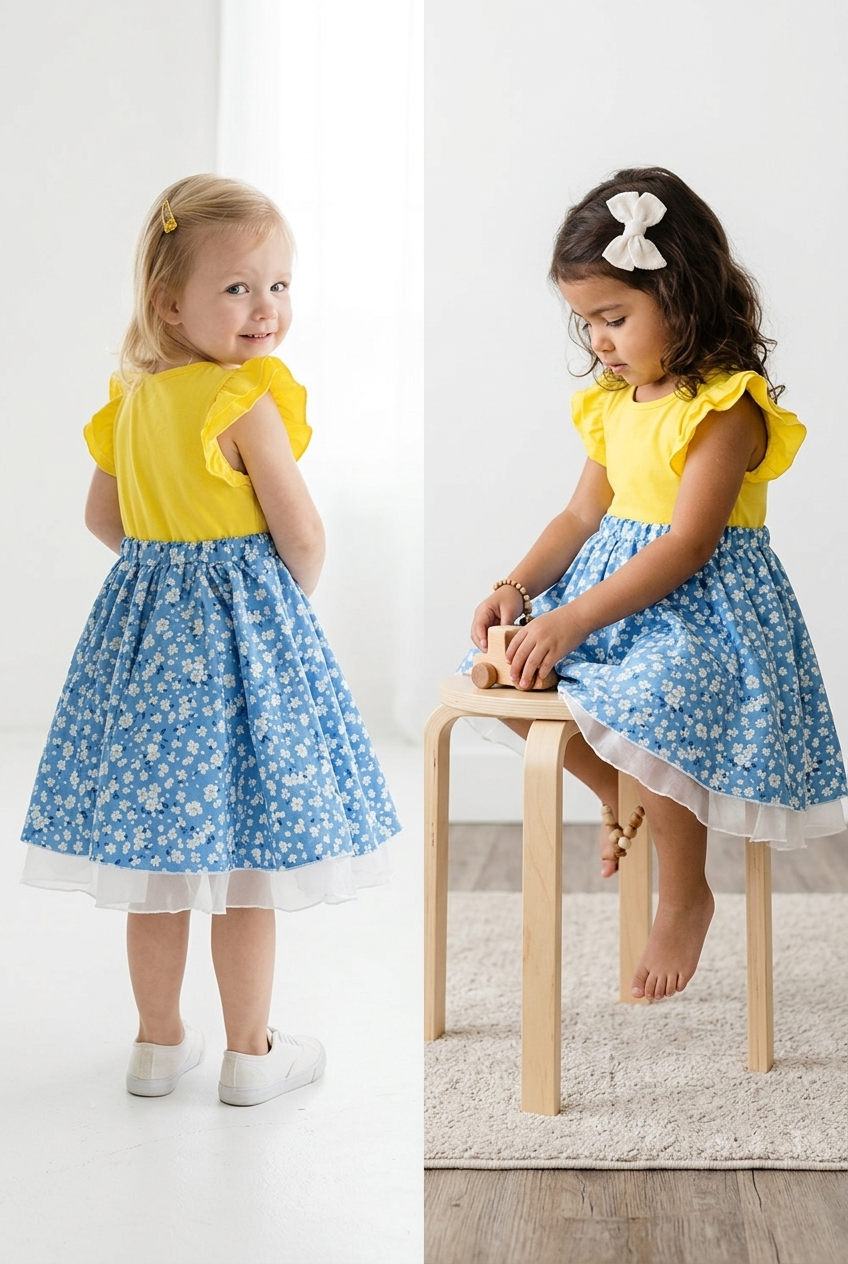 Girls' yellow and blue floral toddler dress with ruffled sleeves and white tulle hem