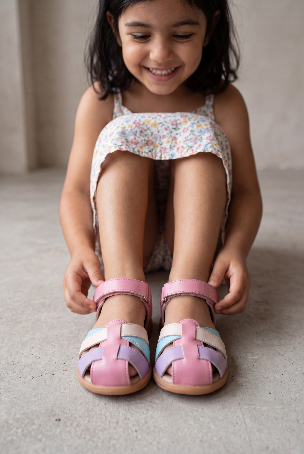 Child wearing kids closed-toe sandals with pink, beige, and blue multi-strap design