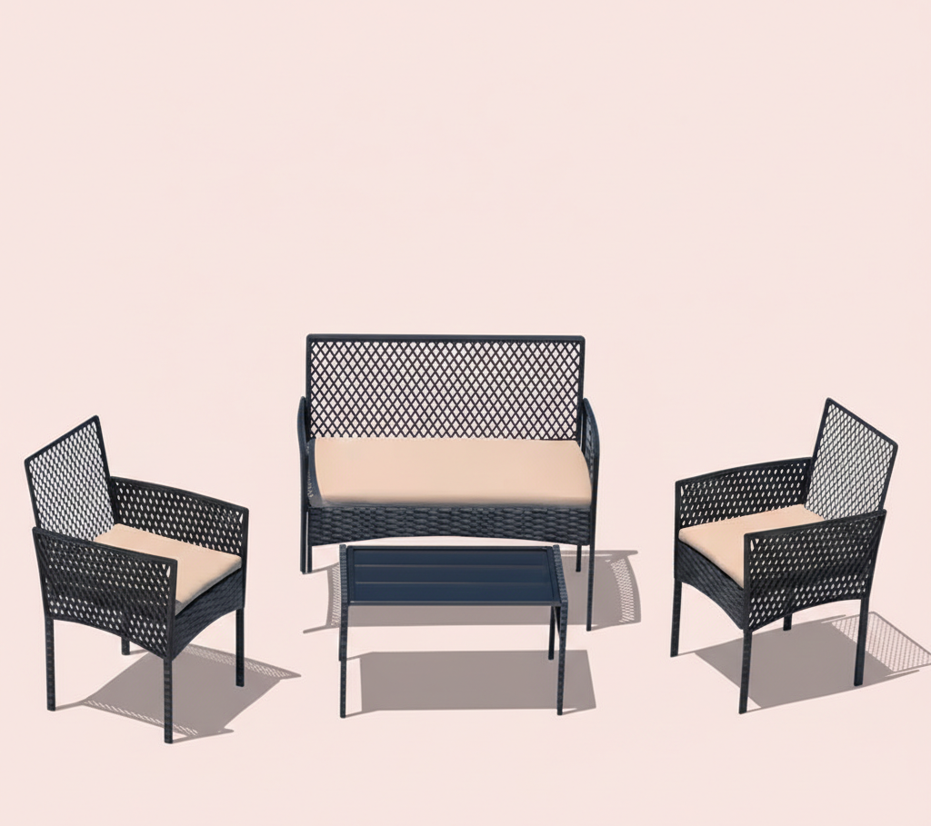 Dark wicker patio loveseat set with beige cushions, two armchairs, and black square coffee table