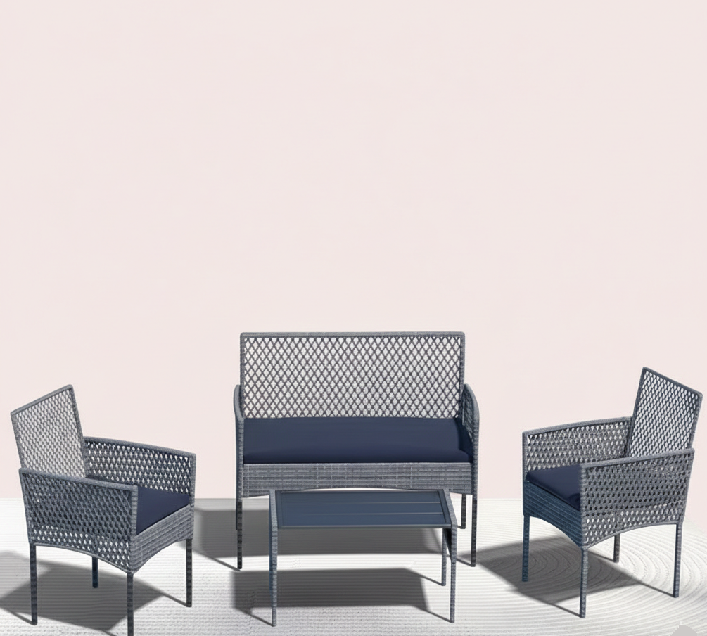 Blue cushioned metal patio loveseat with two mesh armchairs, outdoor seating set