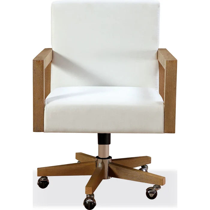 White canvas desk chair with tall back, wood side frames, swivel caster base