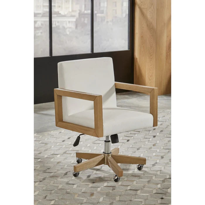 White canvas office chair with light wood arms and swivel caster base