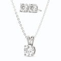 Round moissanite pendant with chain and two matching stud earrings, white gold overlay