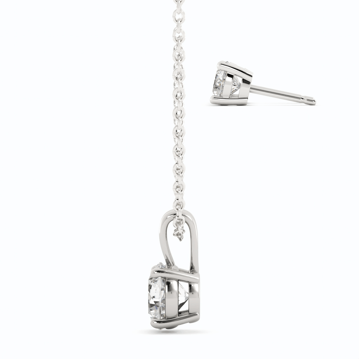 Round moissanite pendant and matching stud earring, white gold overlay on chain