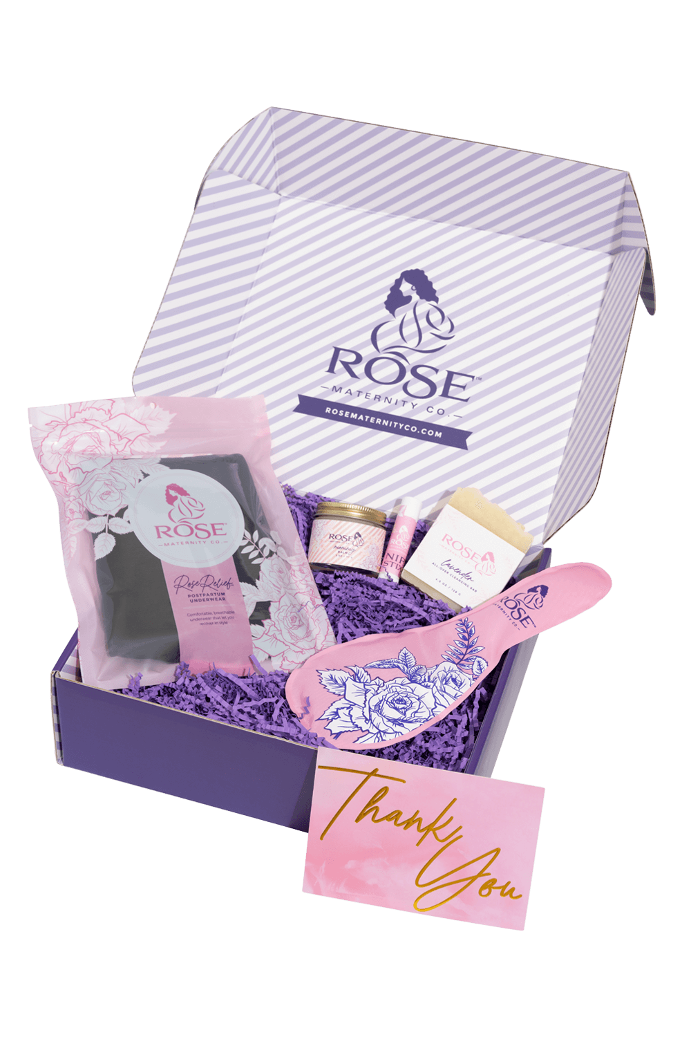 Open RoseRelief™ recovery gift set with mini bottles, floral tissue, thank-you card