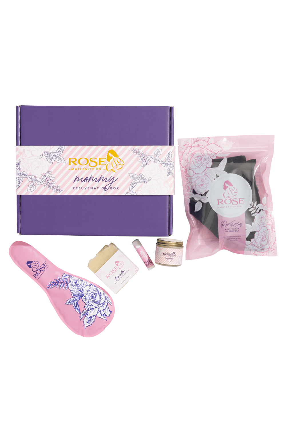 RoseRelief™ recovery gift set with open purple box, mini bottles and rose pouch