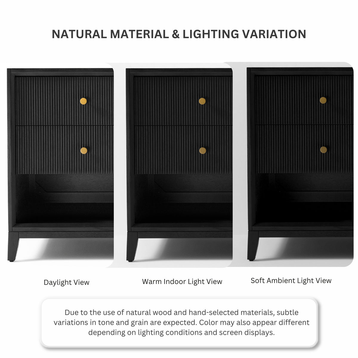 Black bath vanity set with drawers and two doors, gold round knobs, white top