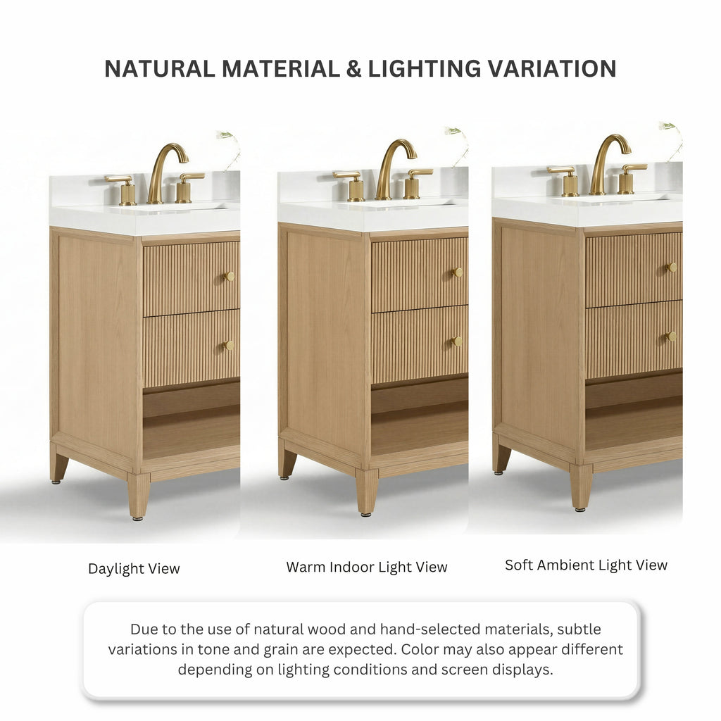 Oak bath vanity set front view with gold knobs, shown in three lighting variations