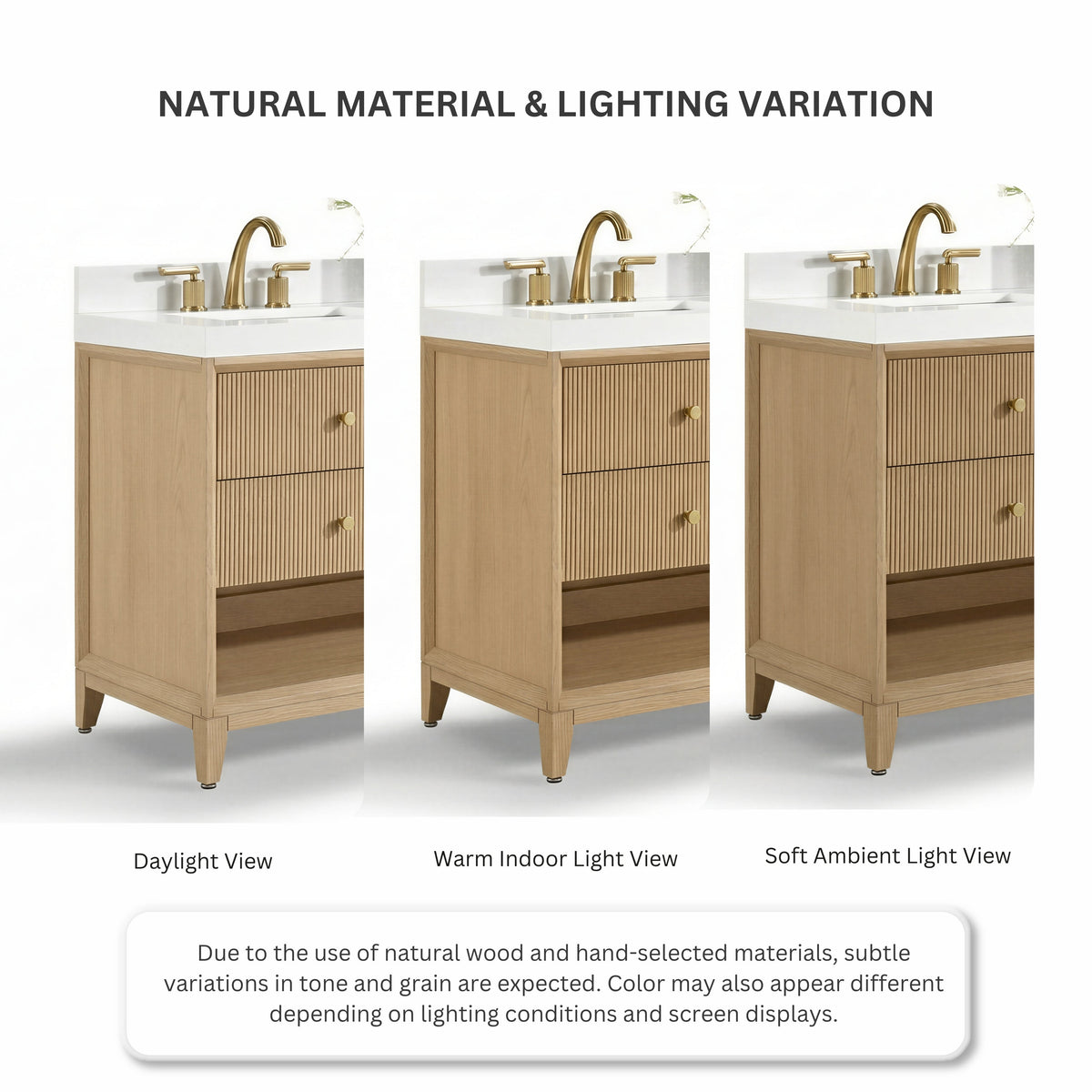 Oak bath vanity set front view with gold knobs, shown in three lighting variations