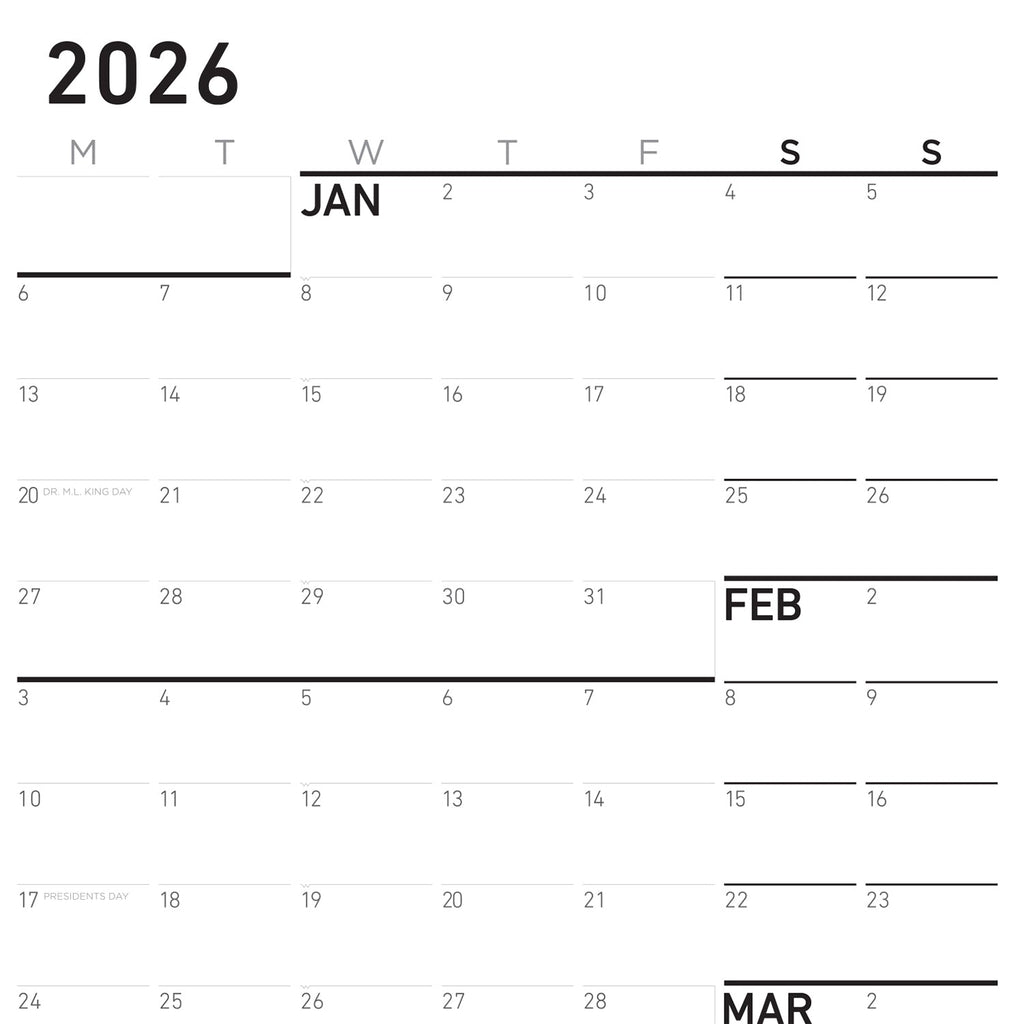Monthly calendar page labeled 2026 with January grid and weekday rows