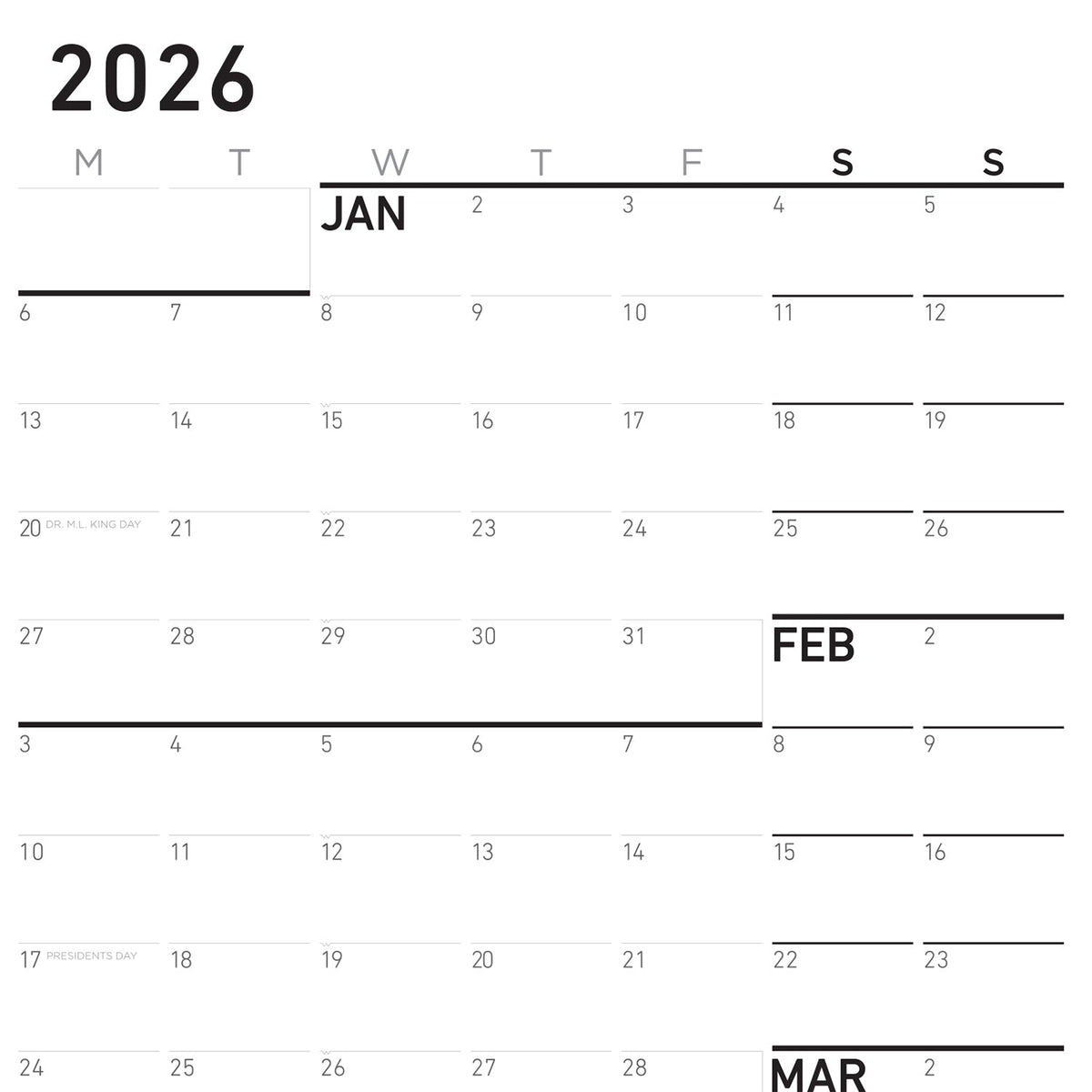 Monthly calendar page labeled 2026 with January grid and weekday rows