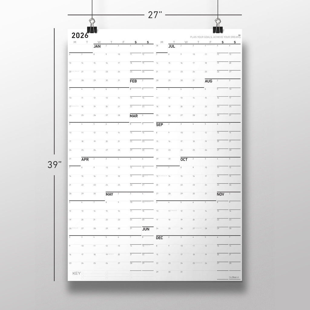 Wall calendar labeled 2026 with hanging dimensions 27 in wide and 39 in tall