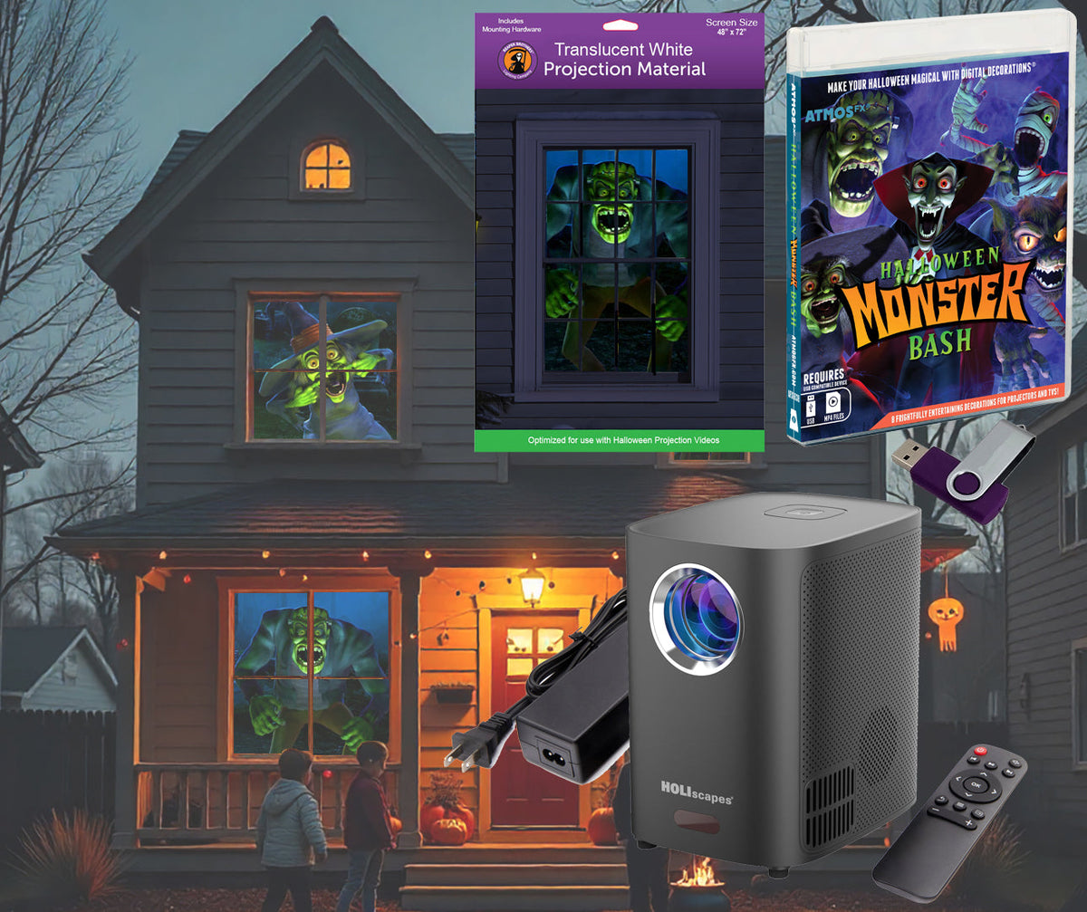 Halloween projector kit with black projector, remote, and translucent projection screen