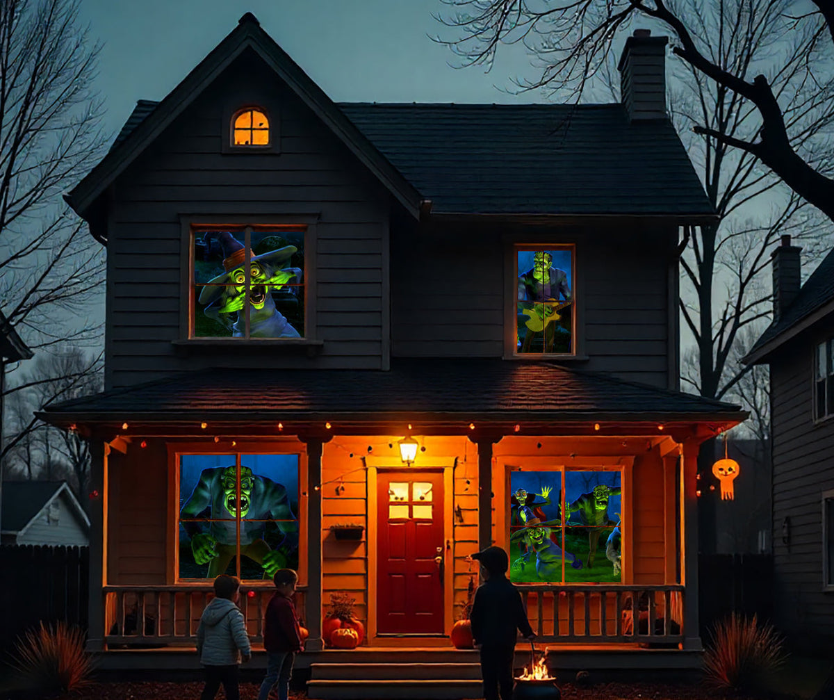 Outdoor Halloween projection on porch with translucent screens and a compact black projector
